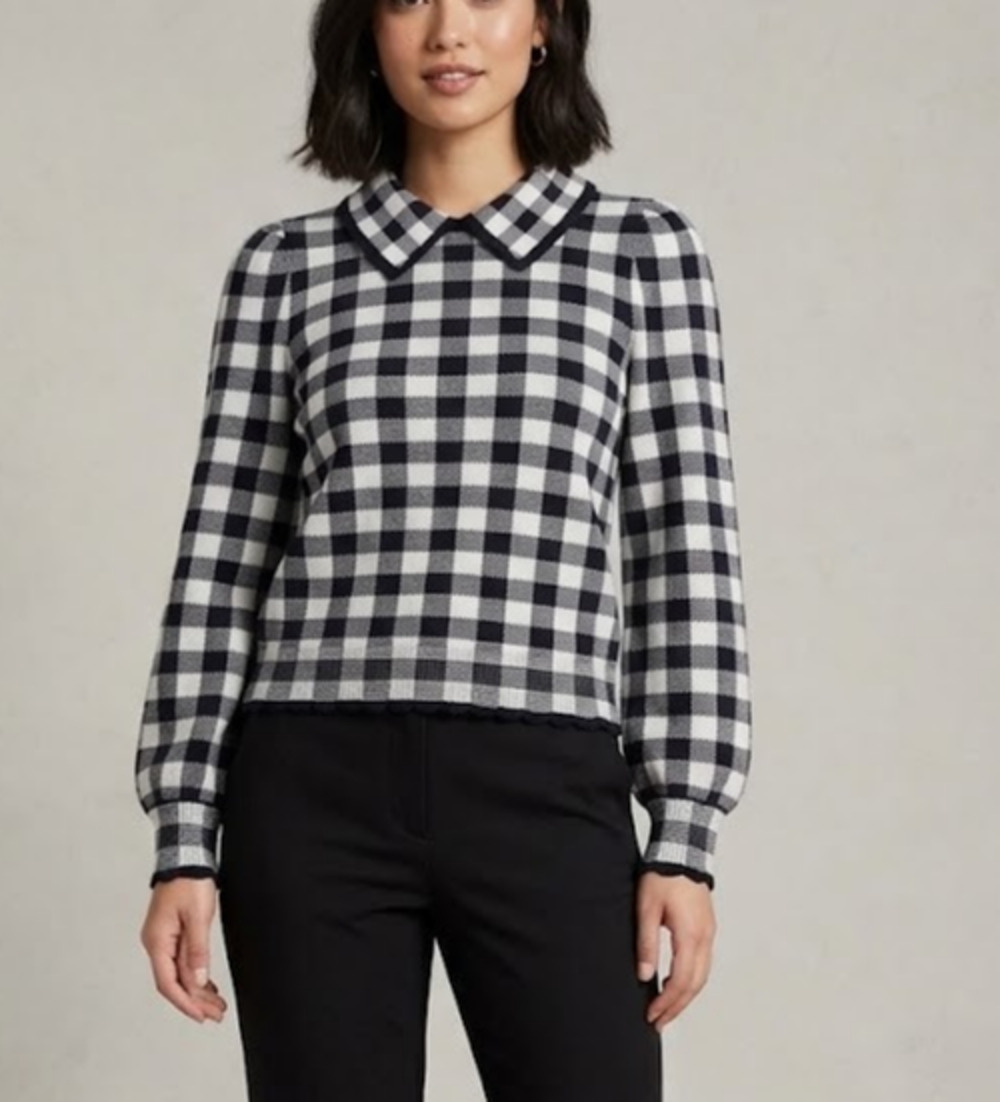 Free Assembly Women Gingham Sweater Small Black White Collar Scallop Trim NWT